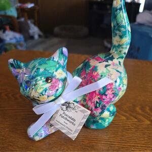 Joan Baker Designs Porcelain Patchworks Green Floral Cat Sculpture NWT